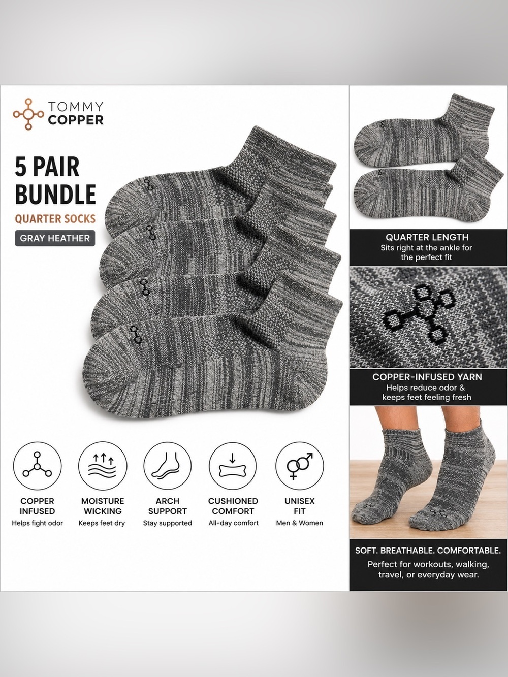 Tommy Copper Quarter Socks 5-Pair Bundle Gray Compression Comfort Socks